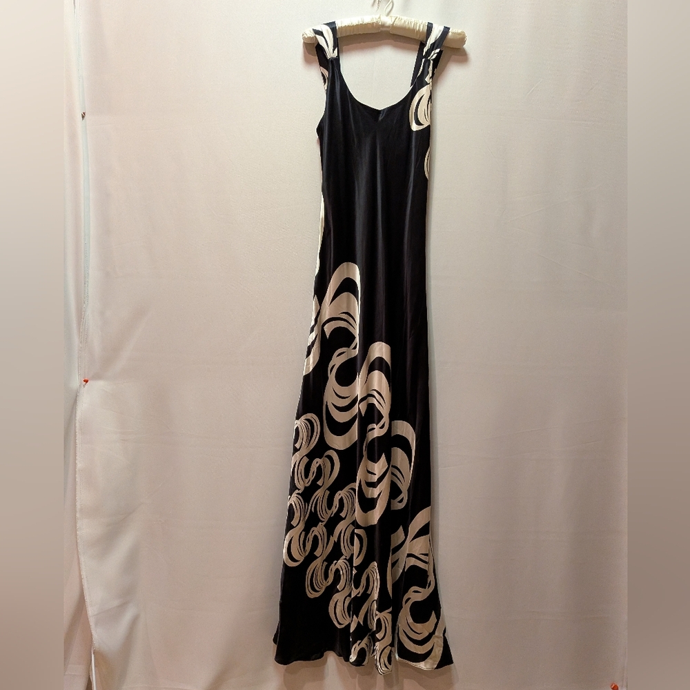Black and Cream silk Sleeveless Maxi Dress with Swirl Print